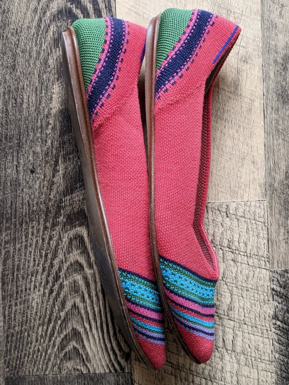 Rothy's Coral Pink Knit Pointed Toe Flats with Turquoise & Green Stripes - Picture 7 of 8